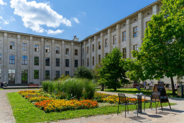 Dziedziniec Muzeum Narodowego w Warszawie z kwiatowymi rabatami, drzewami i stolikami kawiarni. W tle widoczna jasna kamienna fasada budynku.