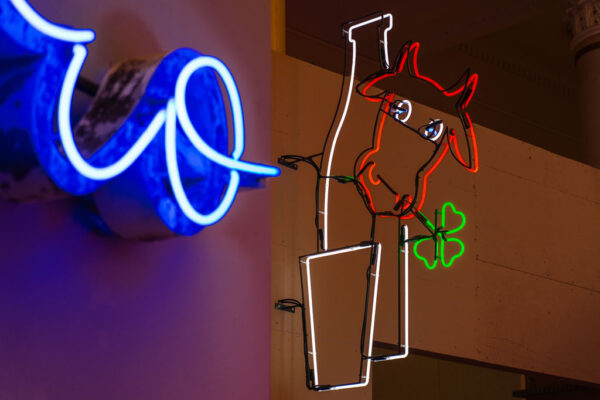 Muzeum Neonów, na ścianach wisi kolorowy neon przedstawiający łeb krowy trzymający koniczynę w pysku, butelkę na mleko i szklankę.