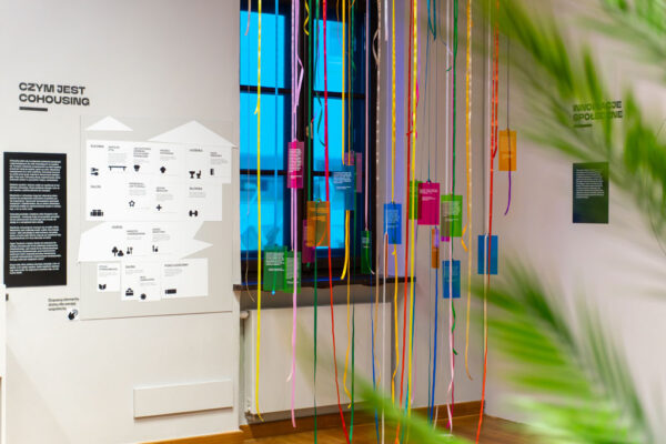 Fragment wystawy z białą ścianą, na której umieszczono plansze informacyjne. Główna plansza pod tytułem „CZYM JEST COHOUSING” zawiera piktogramy i opisy różnych stref domu. Obok okna zwisają liczne kolorowe, satynowe wstążki z przyczepionymi do nich kolorowymi, transparentnymi tabliczkami z tekstem.